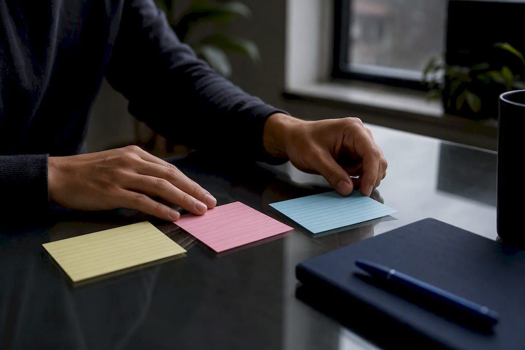 Hands arranging STAR story index cards