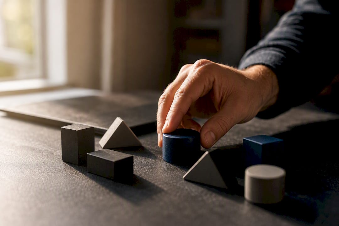 Hand arranging blocks symbolizing decision making