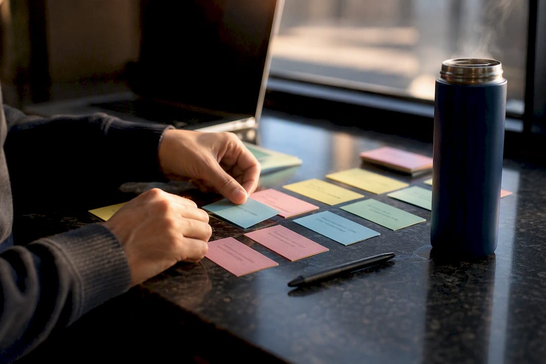 Hands arranging interview story cards on desk