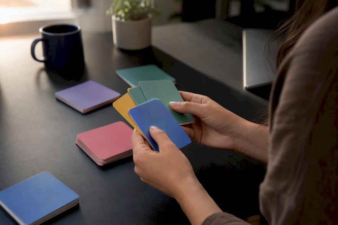 Hands arranging interview question cards on desk