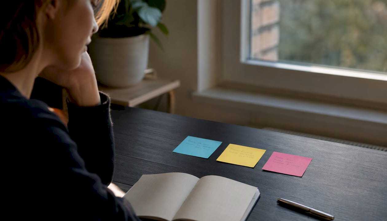 Three sticky notes with interview answer layers