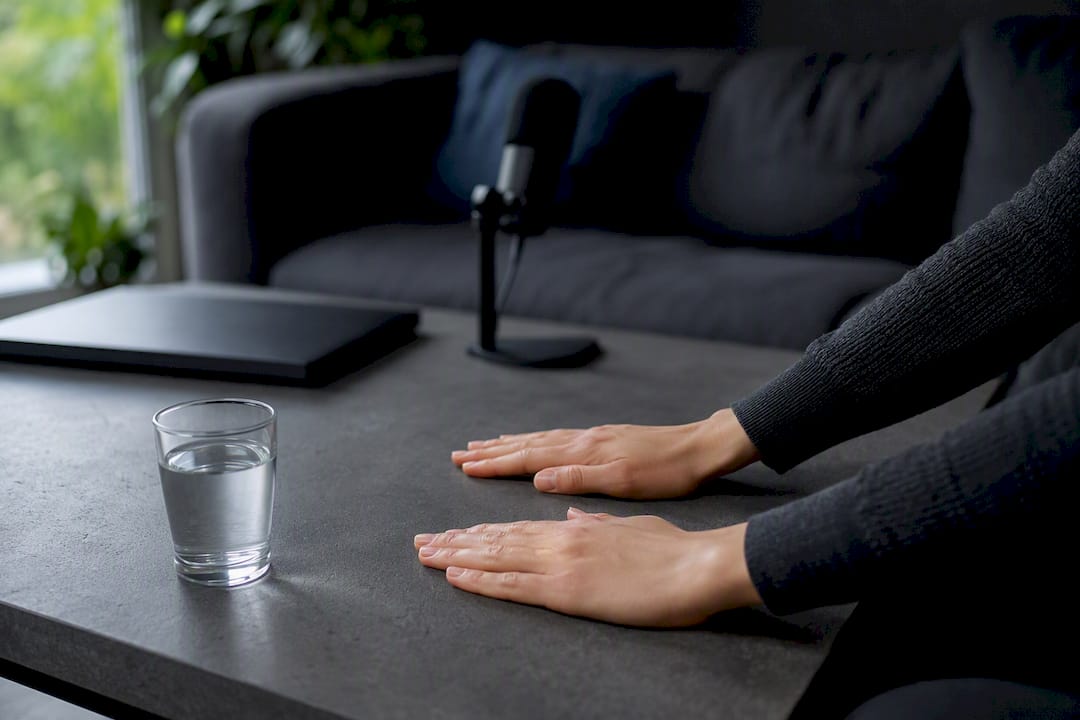 Hands performing breathing exercise on dark desk
