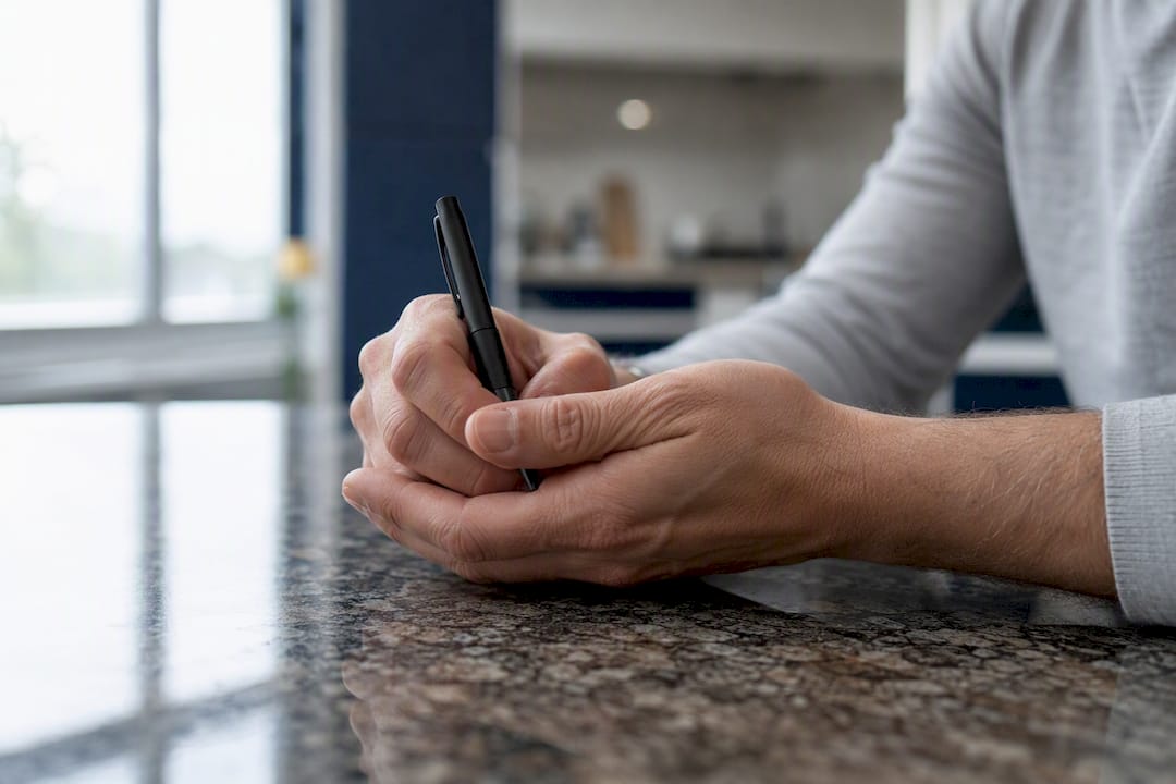 Hands holding pen steadily on dark table