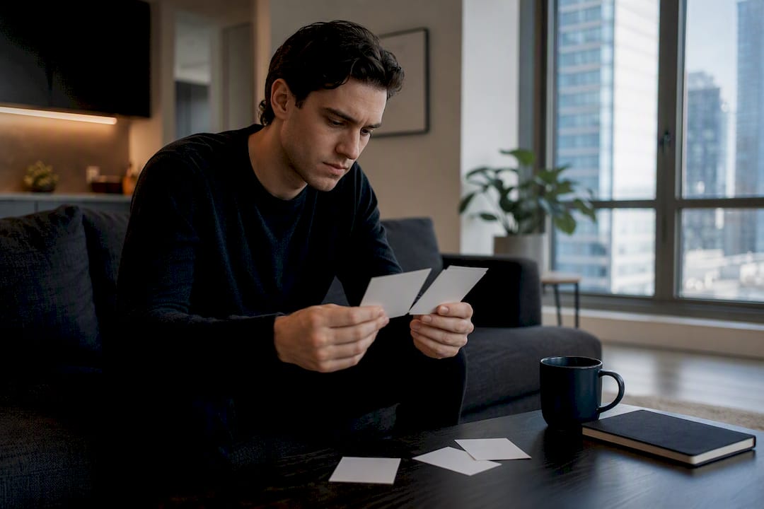 Hands arranging blank interview story cards