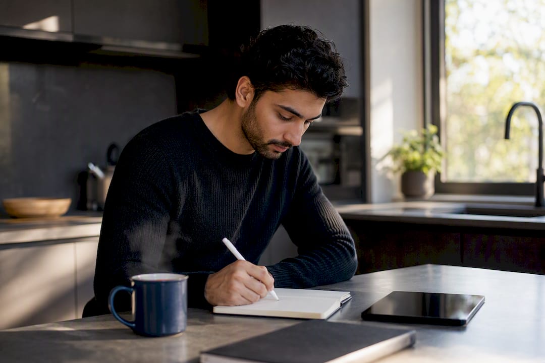 Job seeker taking notes from interview feedback