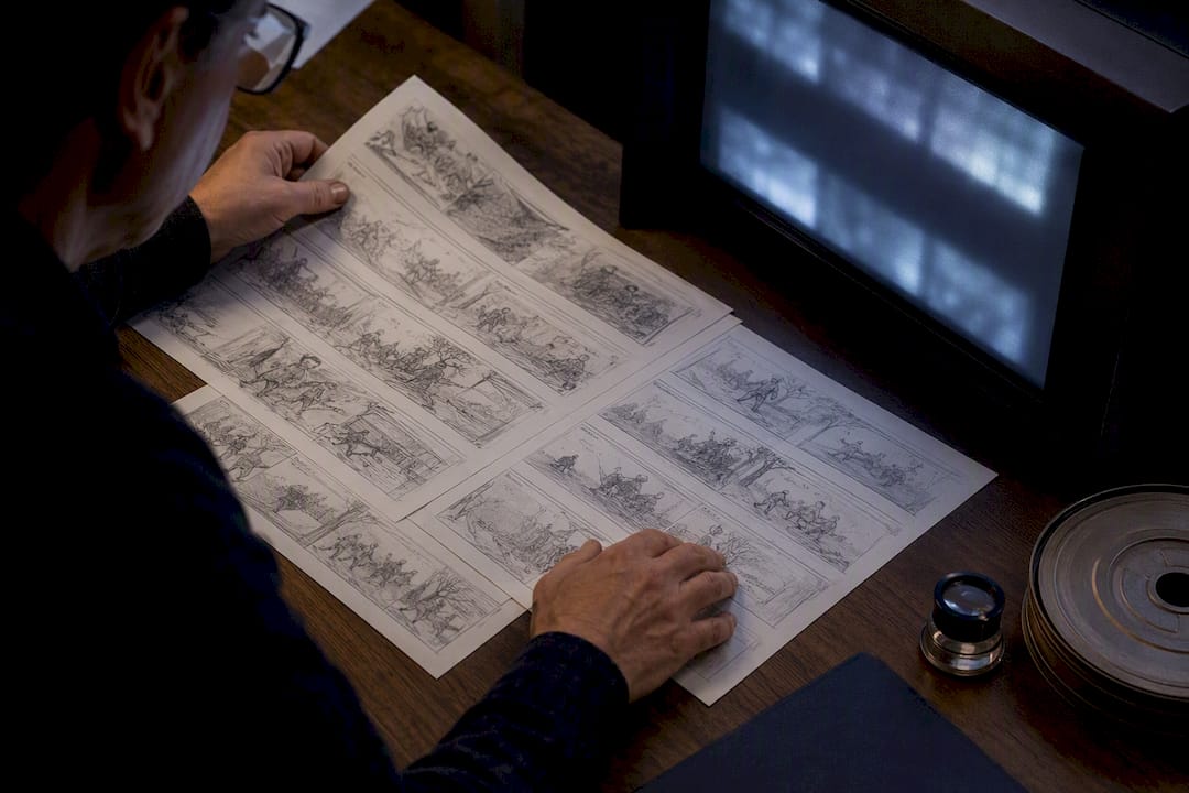 Researcher comparing film storyboards and transfer