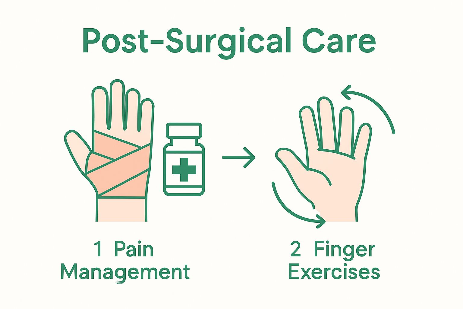 Infographic of hand surgery care: medication then finger exercises
