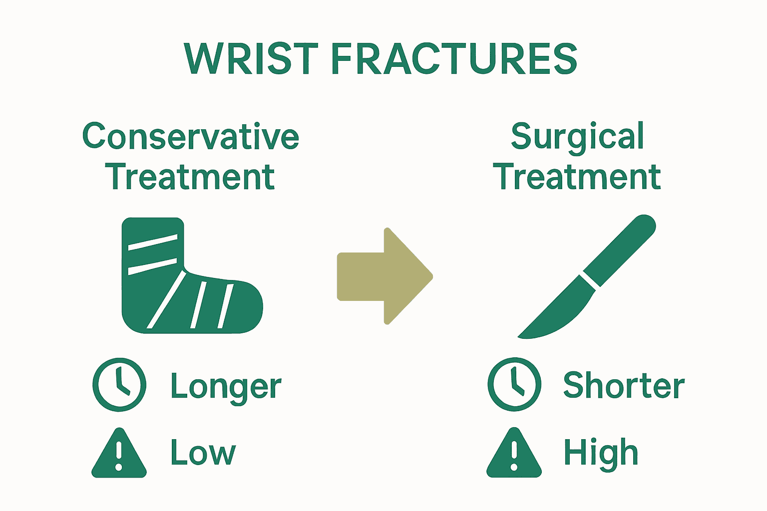 Infographic comparing conservative and surgical wrist fracture treatments.