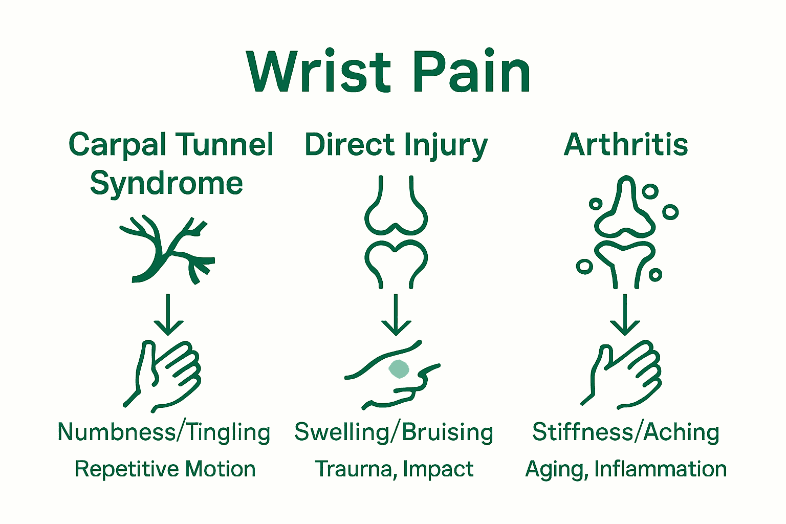 Infographic comparing main causes of wrist pain with icons and symptoms.
