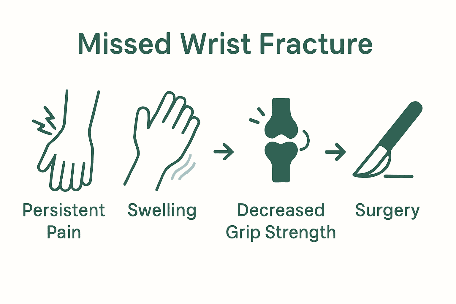 Infographic showing warning signs and consequences of missed wrist fractures with icons and arrows.
