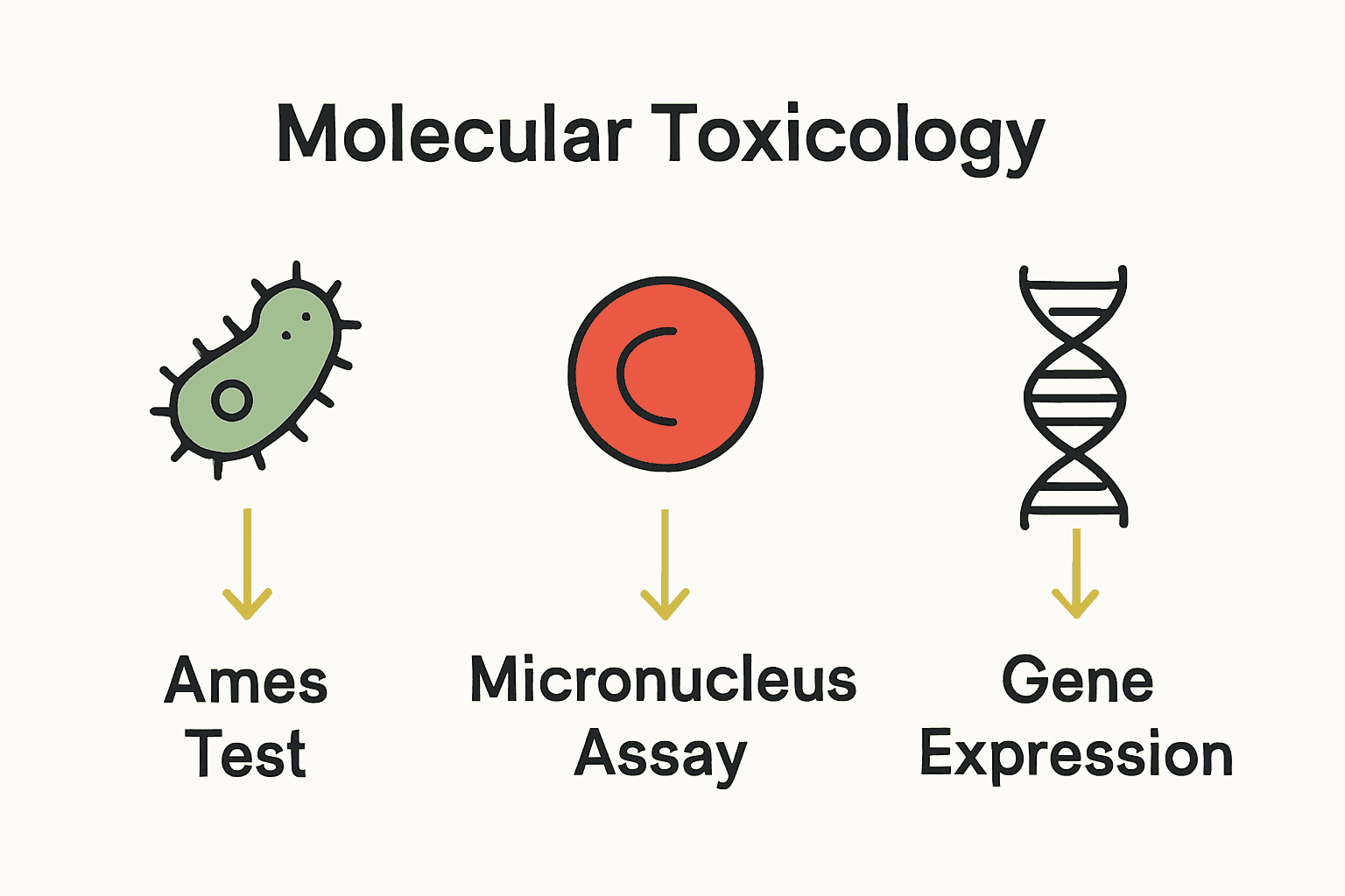 Infographic comparing Ames test, micronucleus assay, and gene expression analysis.
