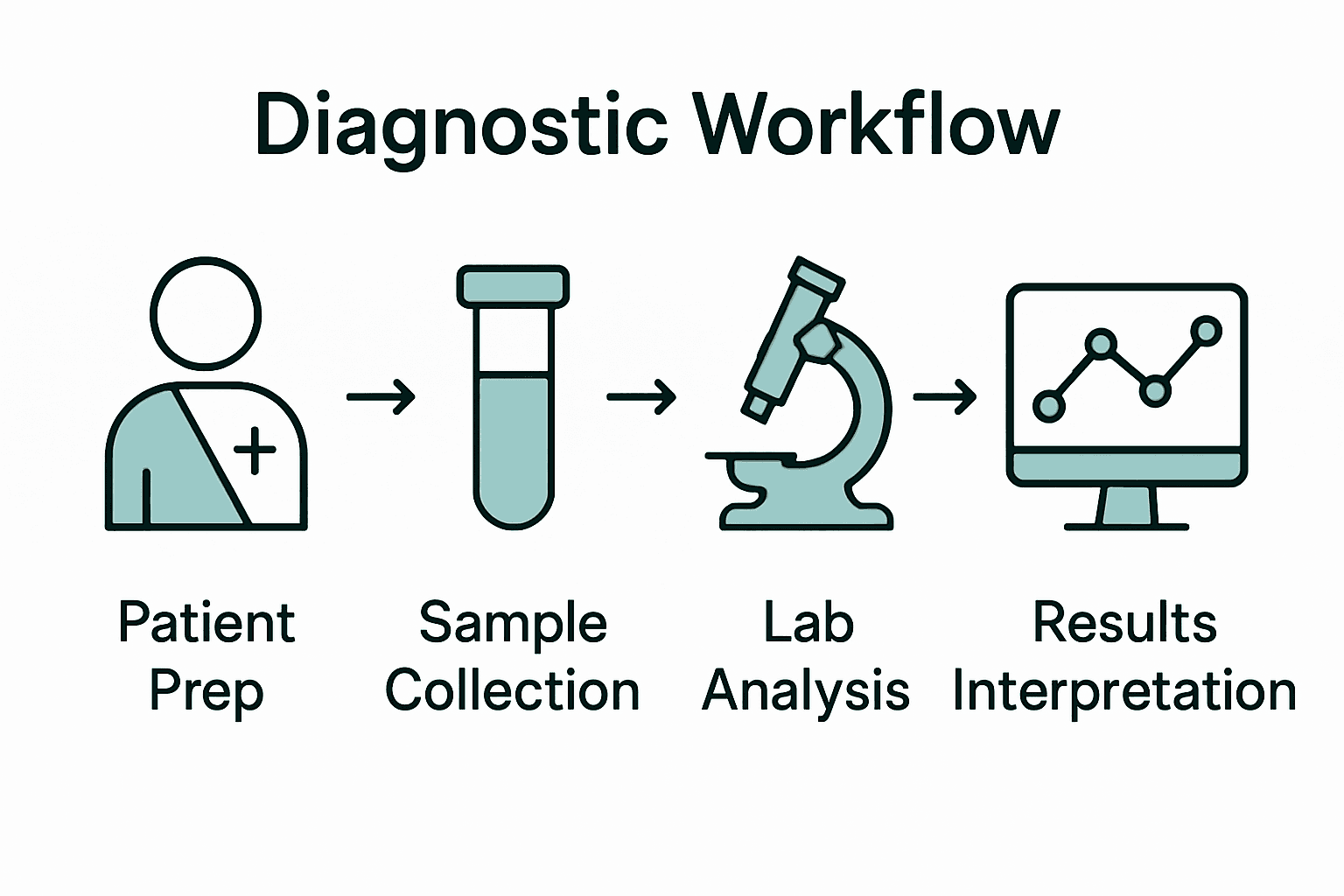 Diagnostic workflow process infographic from sample collection to results.