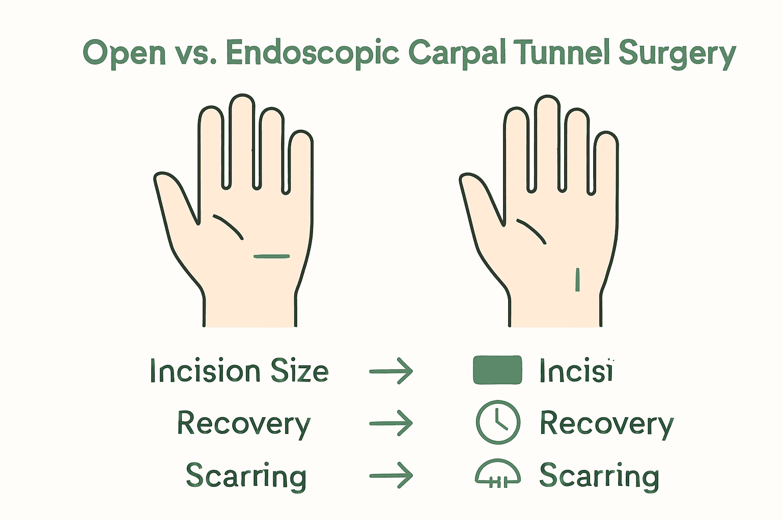 Infographic comparing open vs endoscopic carpal tunnel surgery.