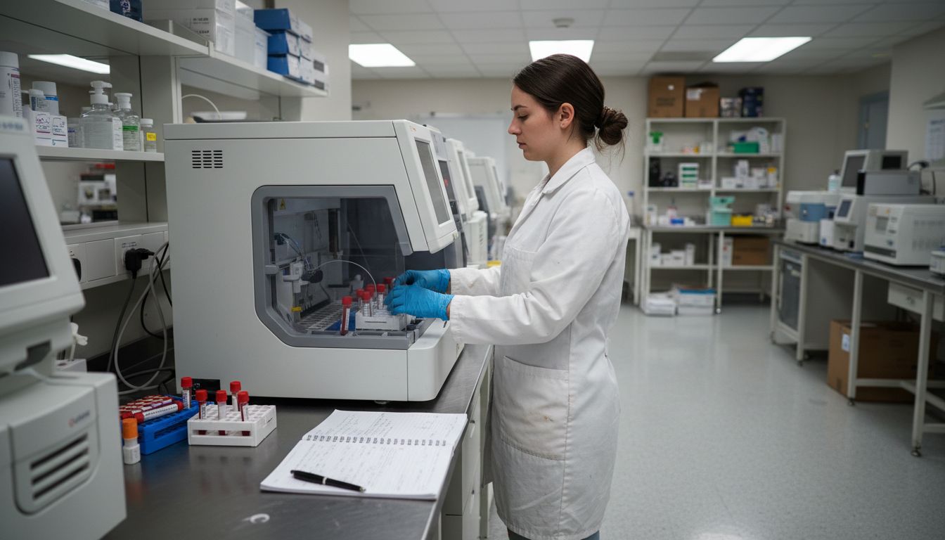 Lab tech loads samples into diagnostic machine