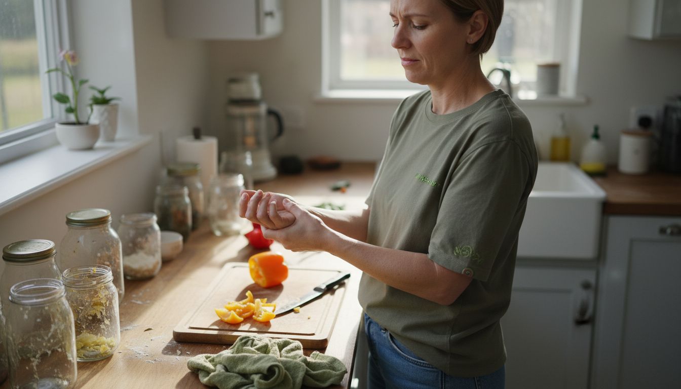 Woman pausing kitchen task with wrist pain