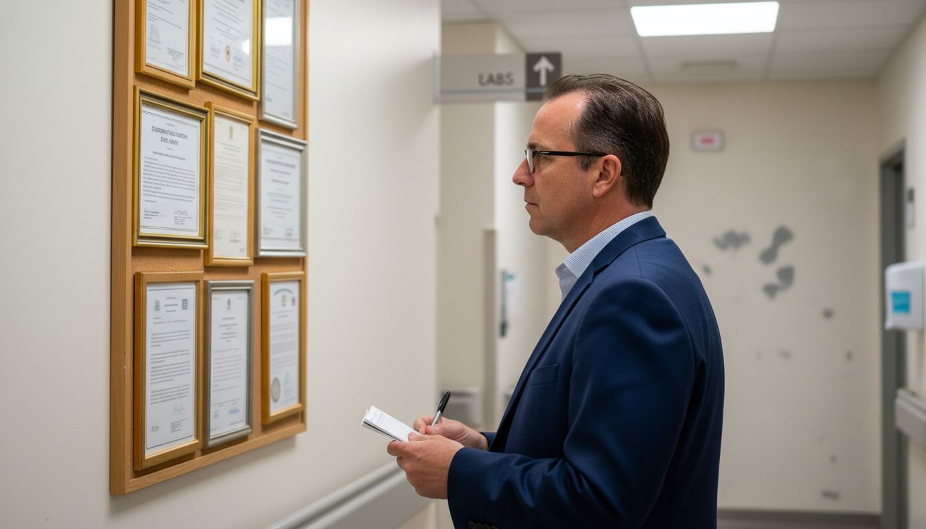 Man checking lab accreditation certificates in hallway