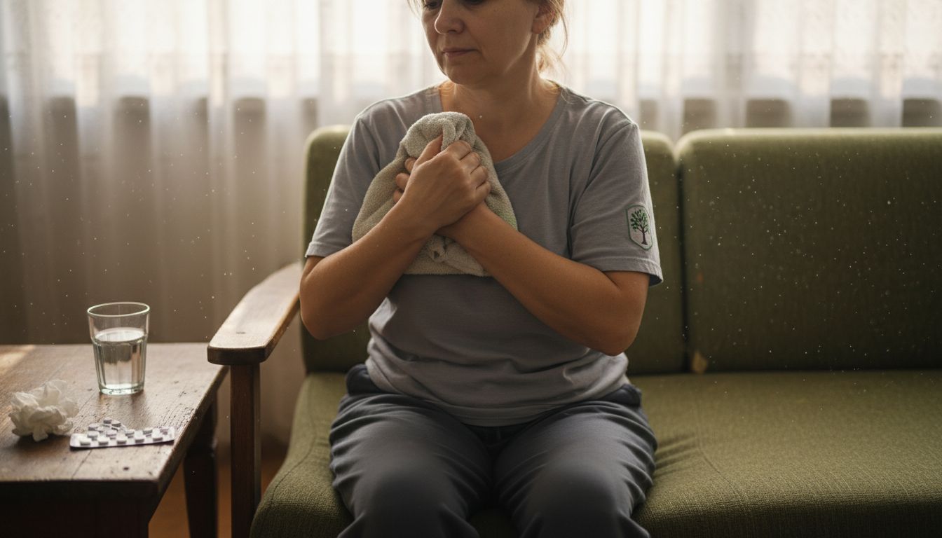 Woman applies ice pack to sore shoulder