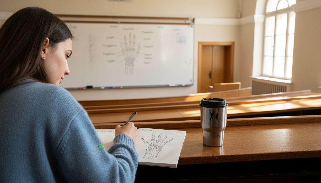 Student sketching wrist bones diagram