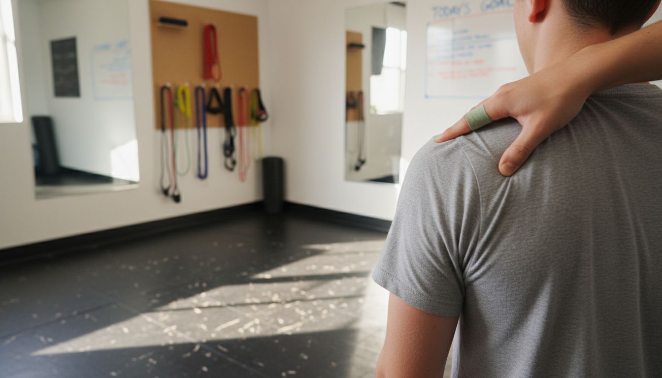 Therapist assessing rotator cuff shoulder injury