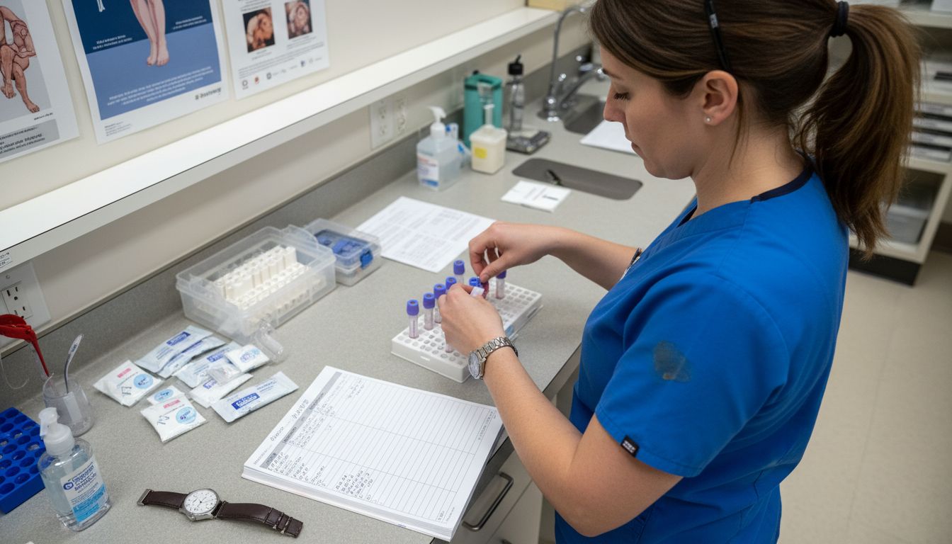 Nurse preparing vials and patient logbook