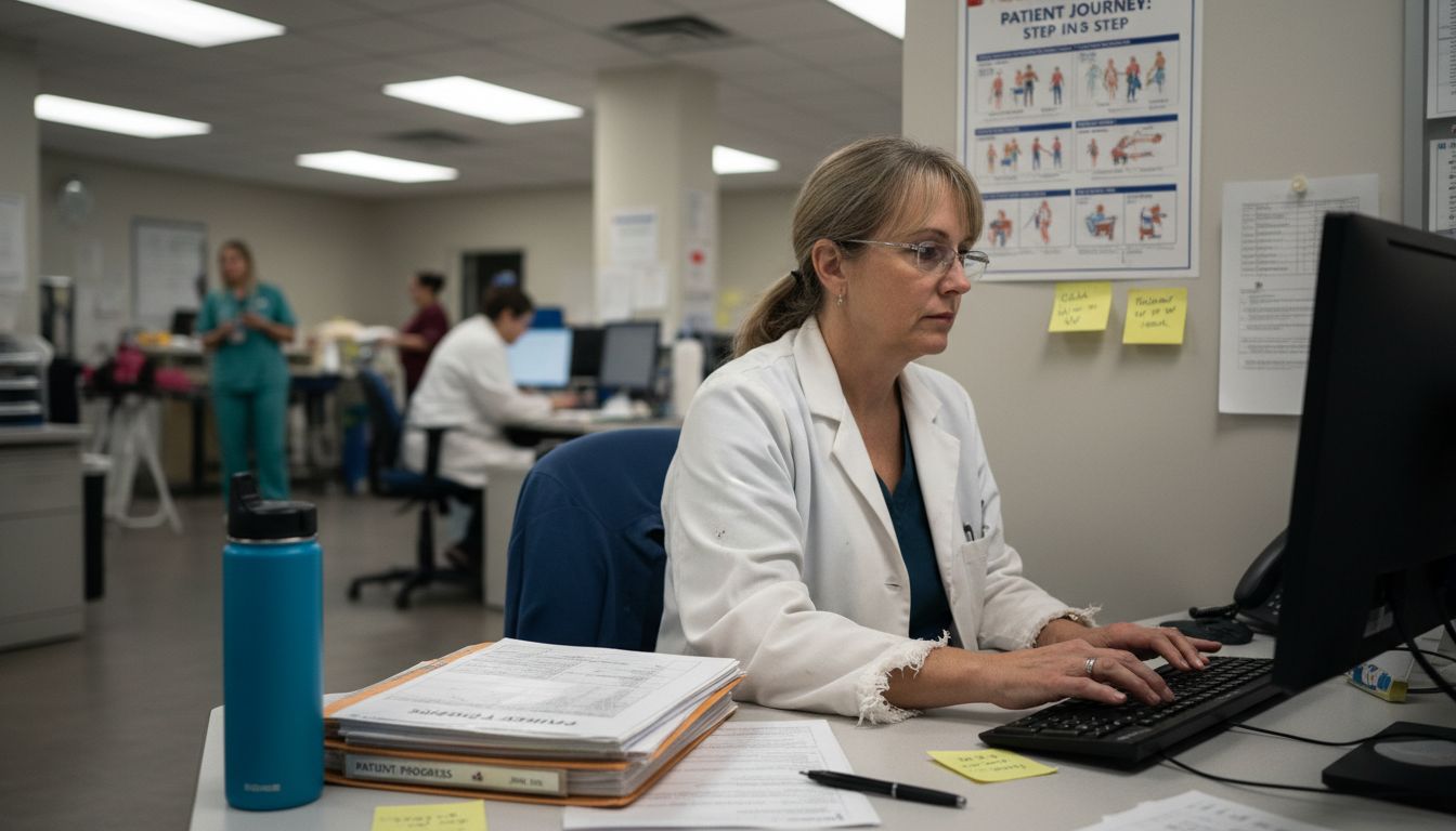 Therapist updates treatment plan at desk