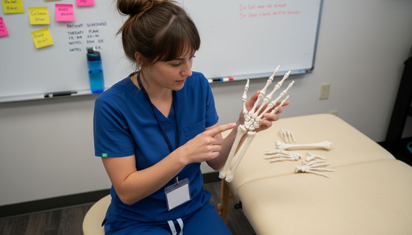 Physical therapist holding wrist bone model