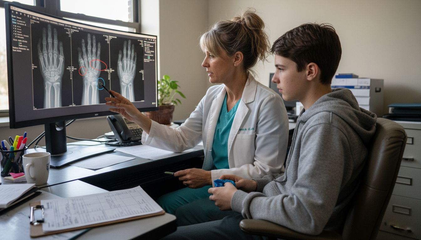 Doctor explaining wrist X-ray to teen patient