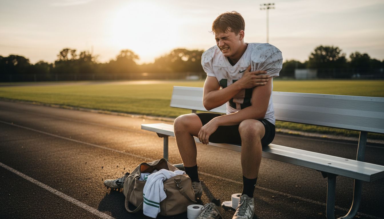 Athlete with shoulder injury on sports bench