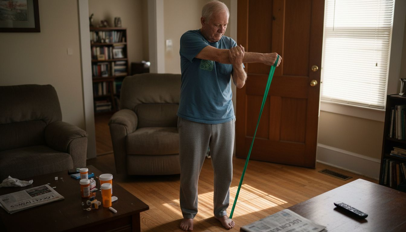Senior man stretching shoulder at home