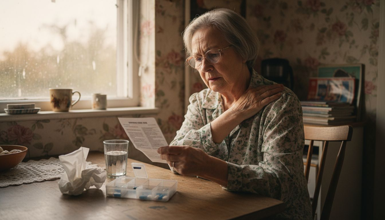 Woman at kitchen table with shoulder discomfort