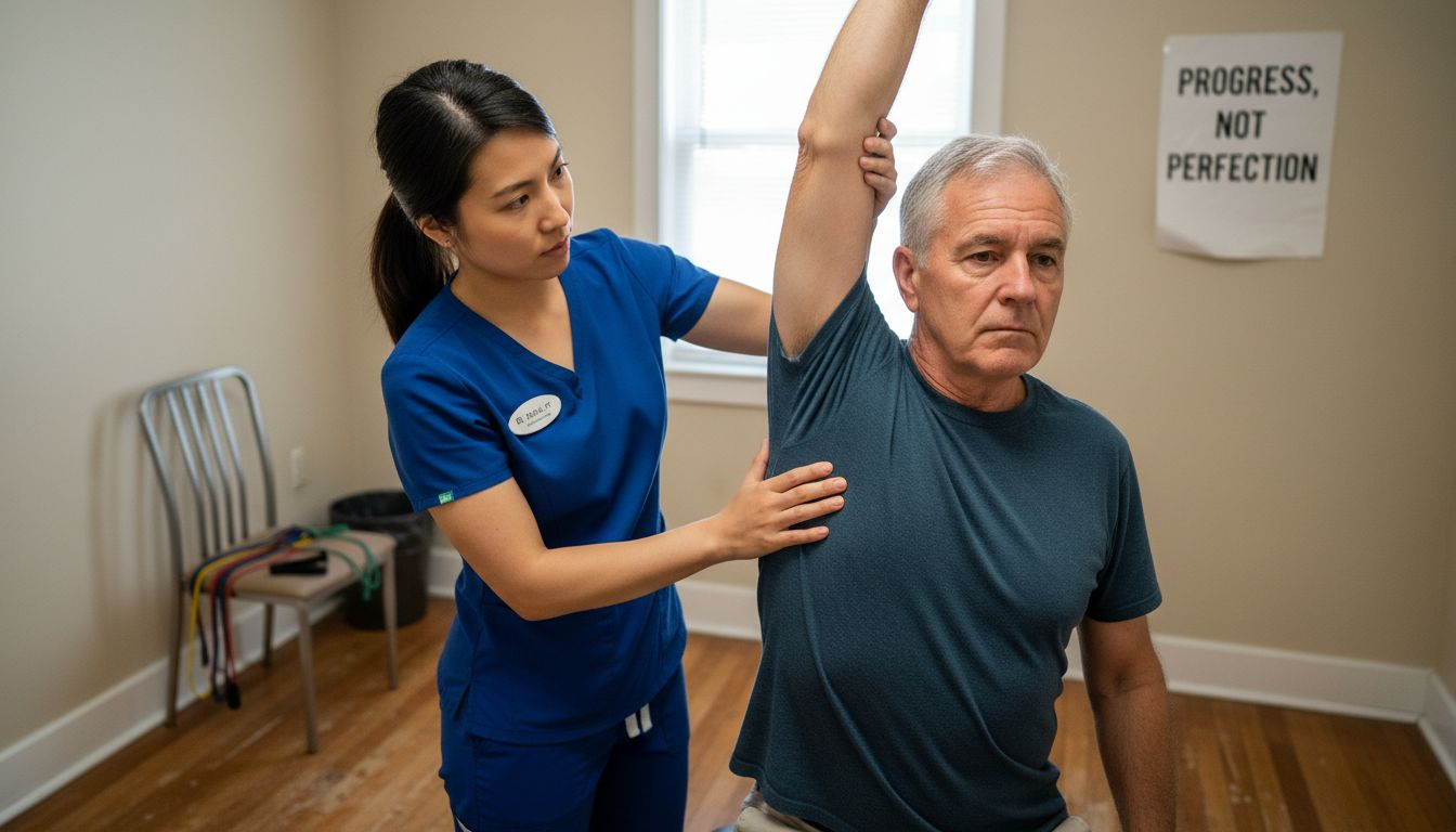 Physical therapist helps patient shoulder recovery