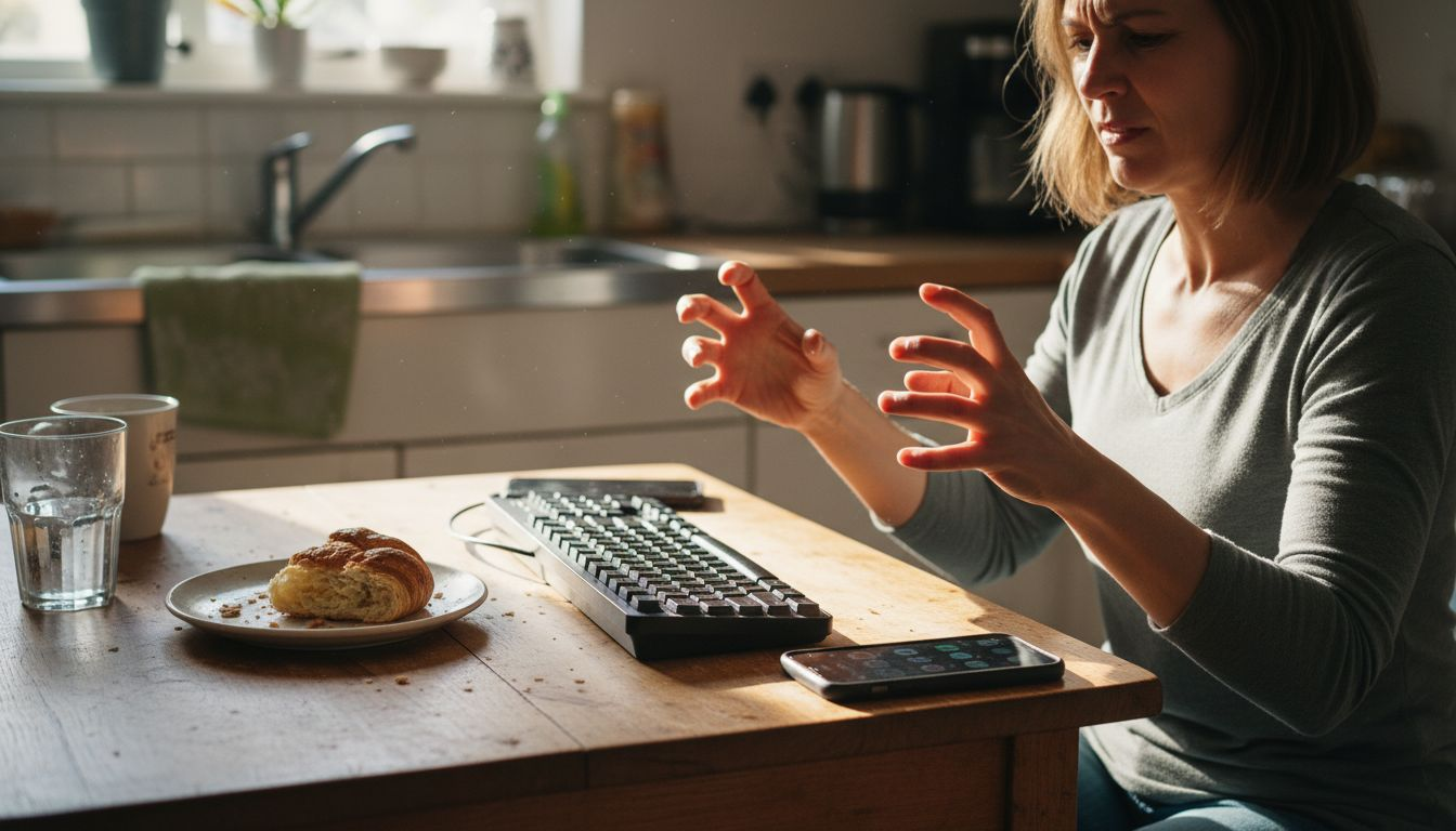 Woman showing hand discomfort at kitchen table