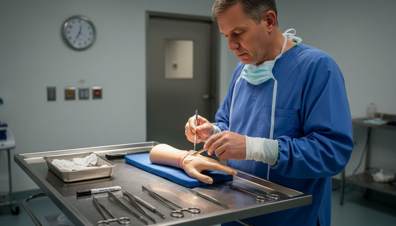 Surgeon showing carpal tunnel release on model