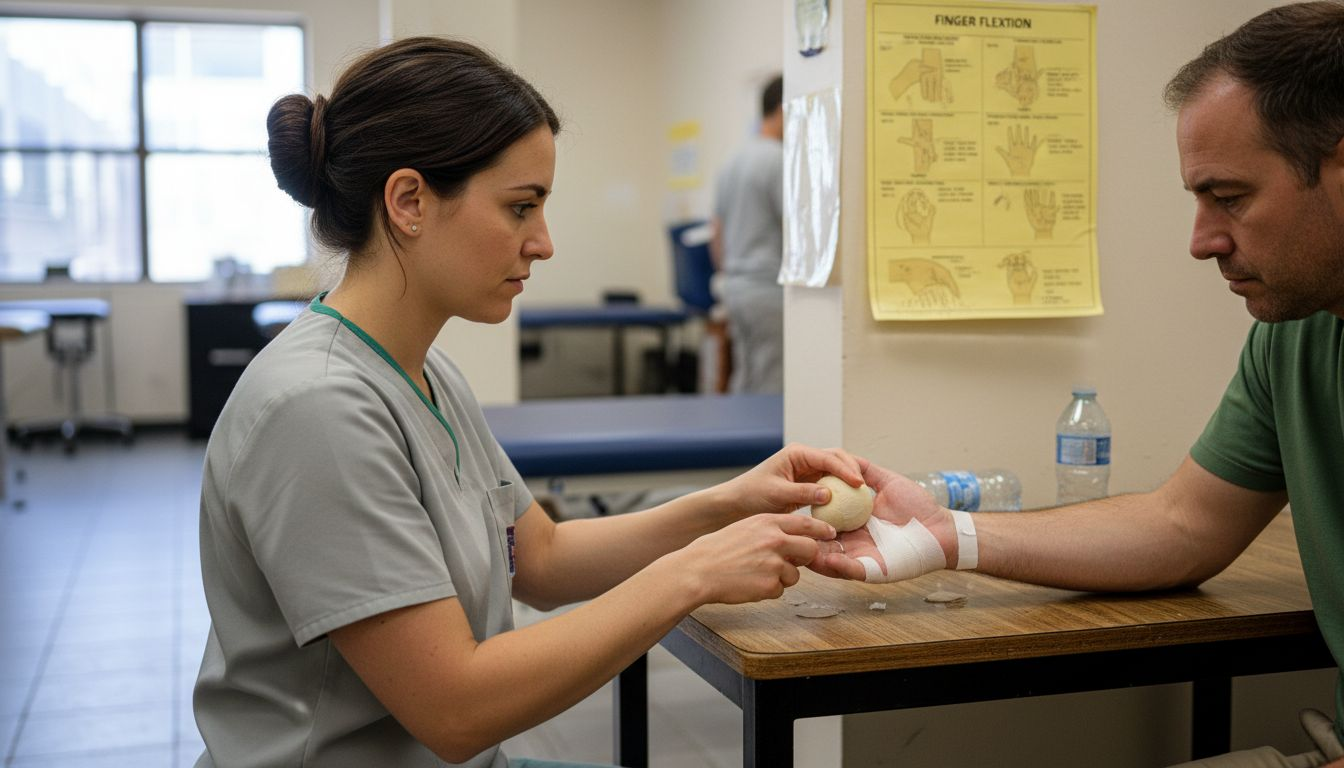 Therapist guiding finger rehabilitation exercises