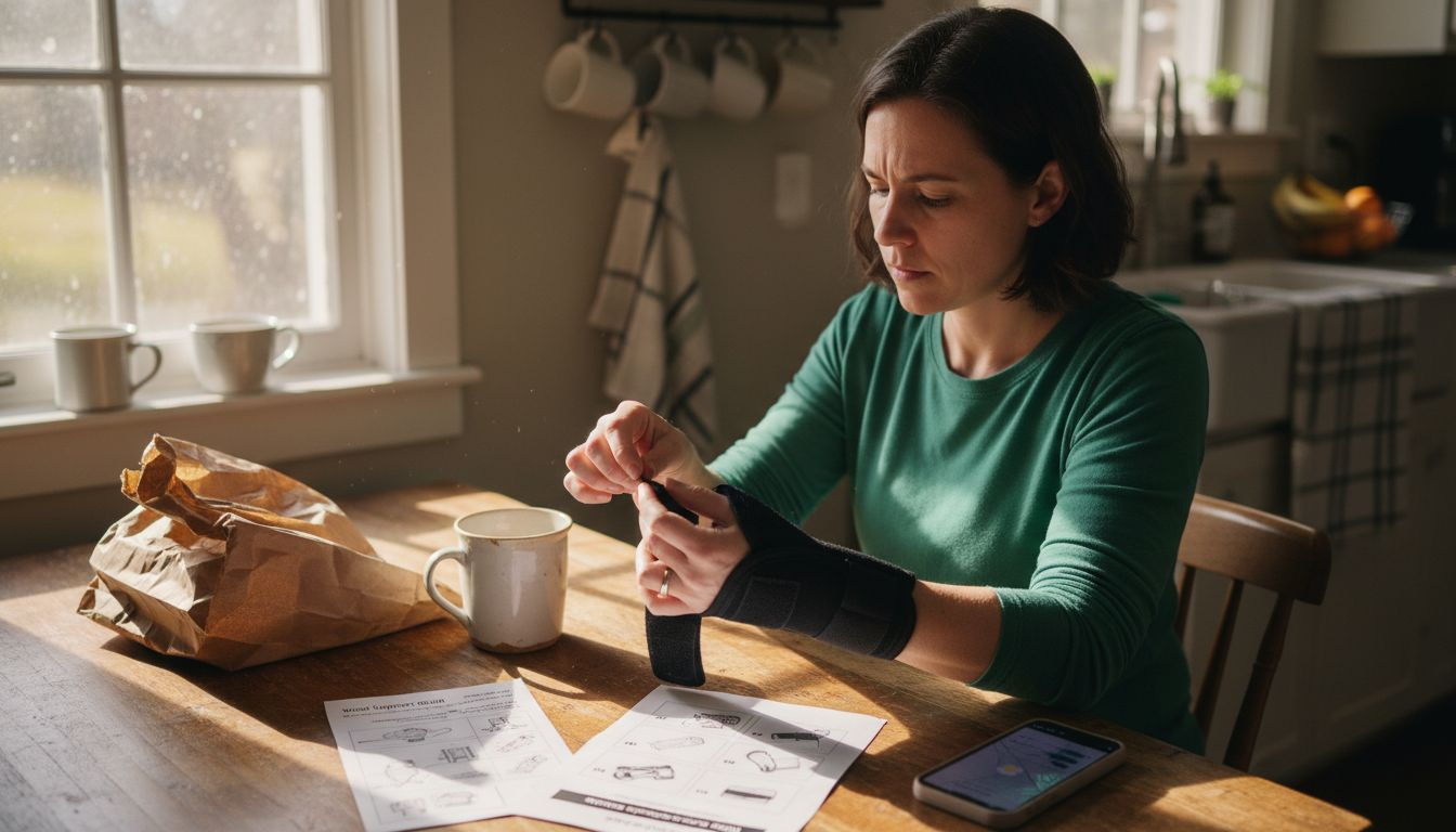 Woman inspects wrist brace in kitchen