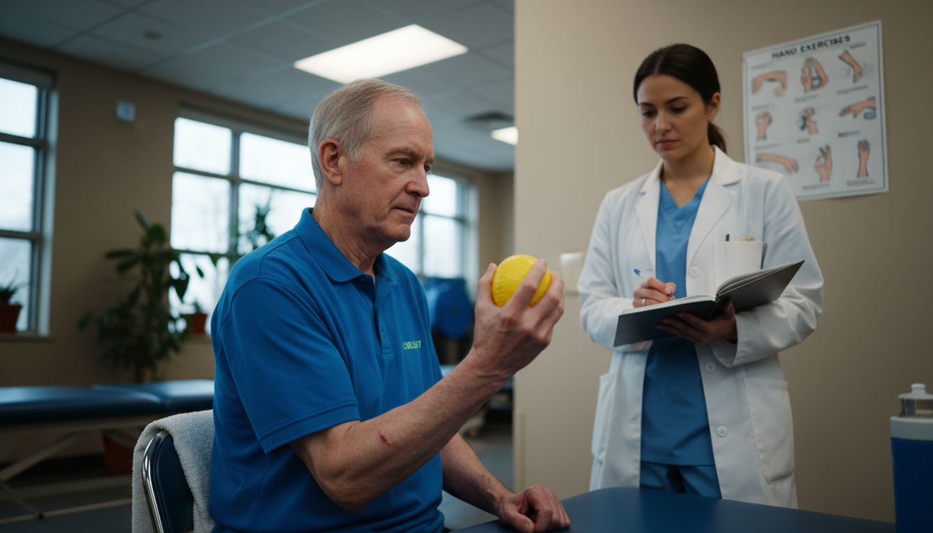 Therapist assisting patient with hand exercise