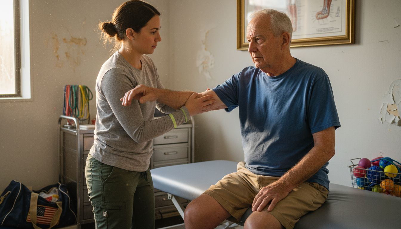 Therapist guides patient through elbow exercises
