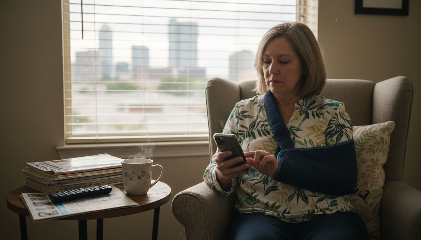 Woman recovering from shoulder fracture in sling