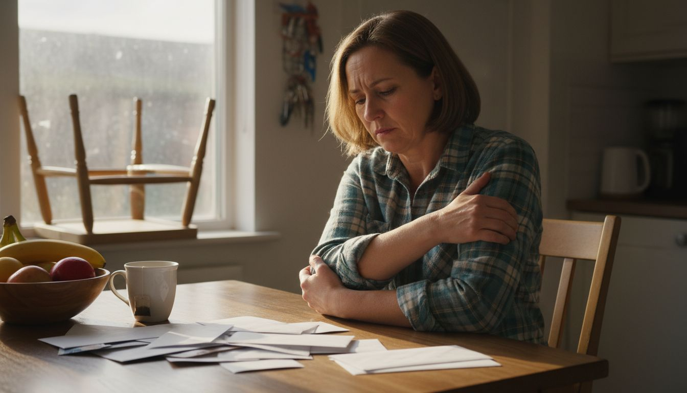 Woman experiencing elbow pain at kitchen table