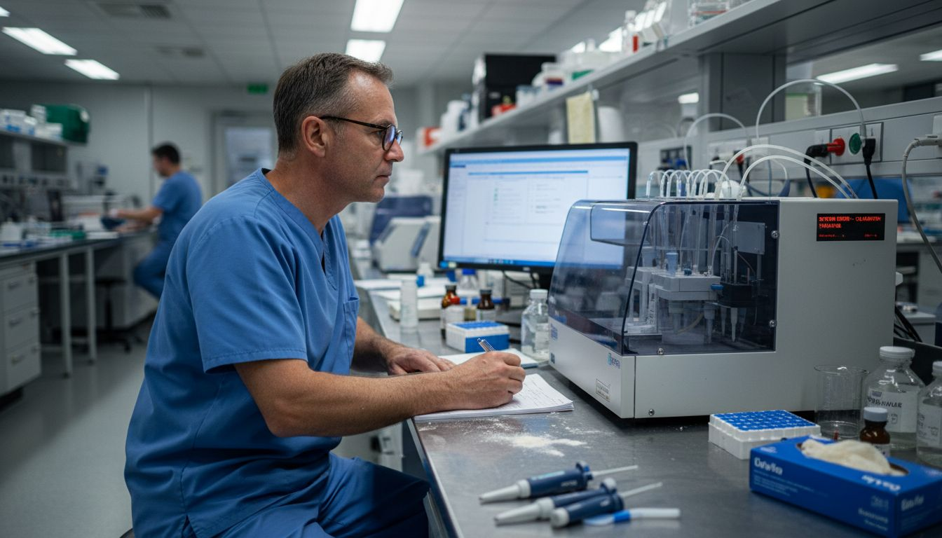 Lab technician calibrating analyzer in hospital lab