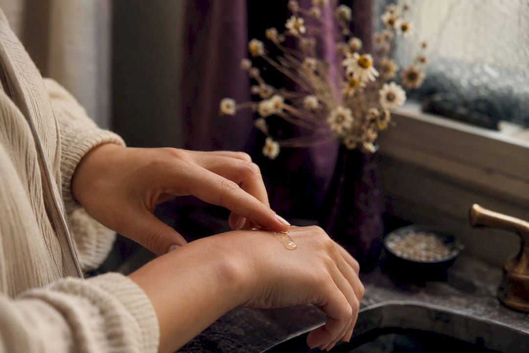 Hands dispensing antioxidant serum drop