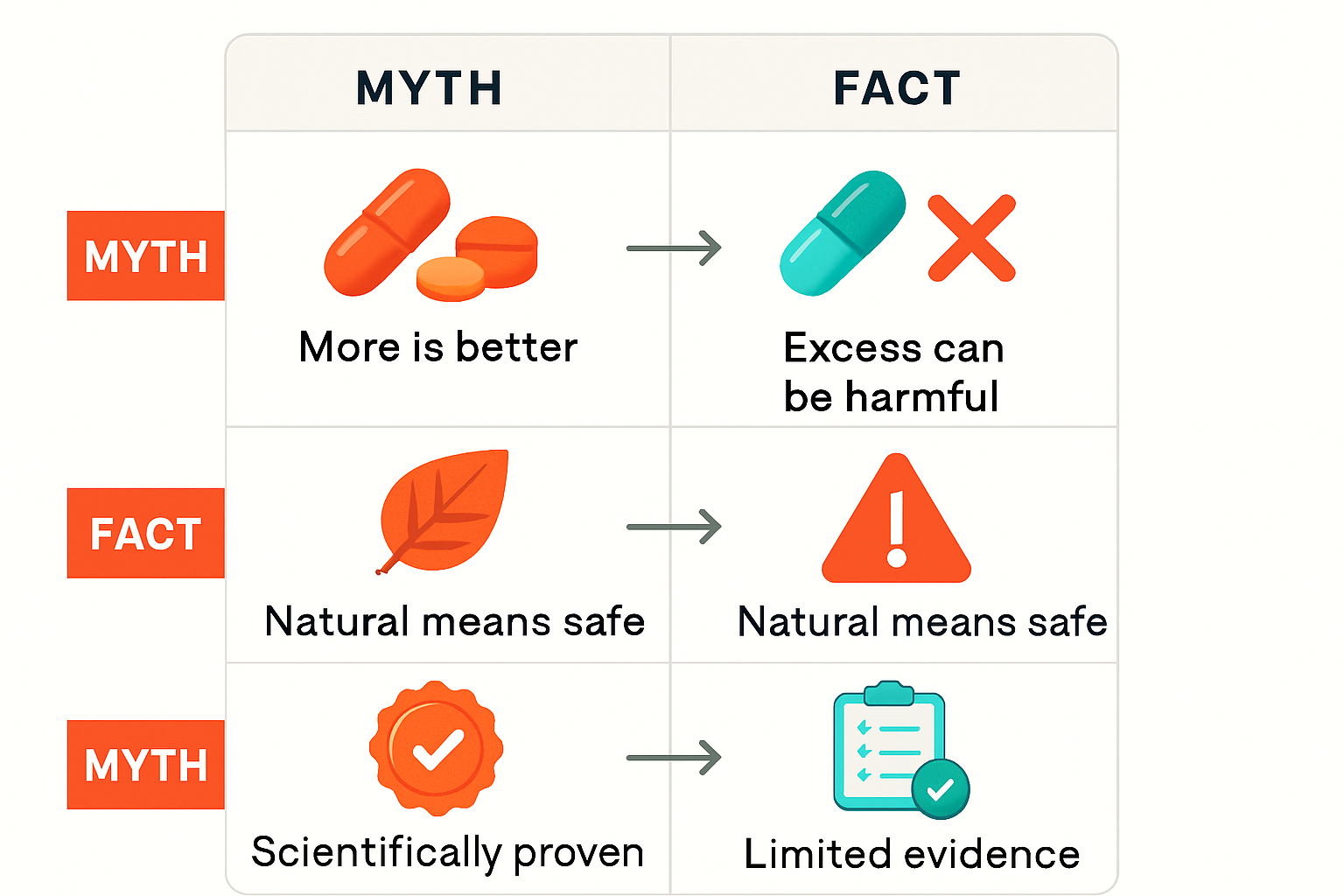 Infographic showing common supplement myths vs. facts