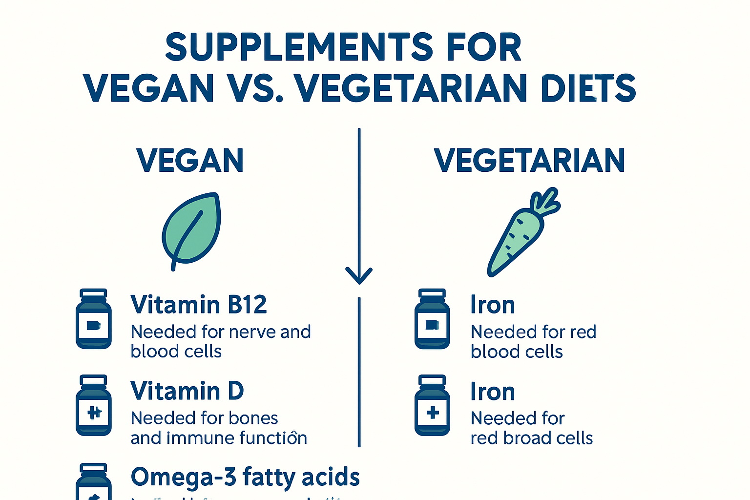 Infographic comparing supplements for vegan vs vegetarian diets.