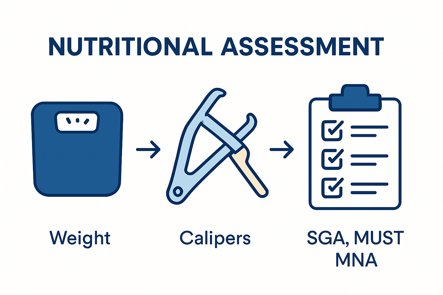 Infographic showing clinical and physical nutritional assessment tools.