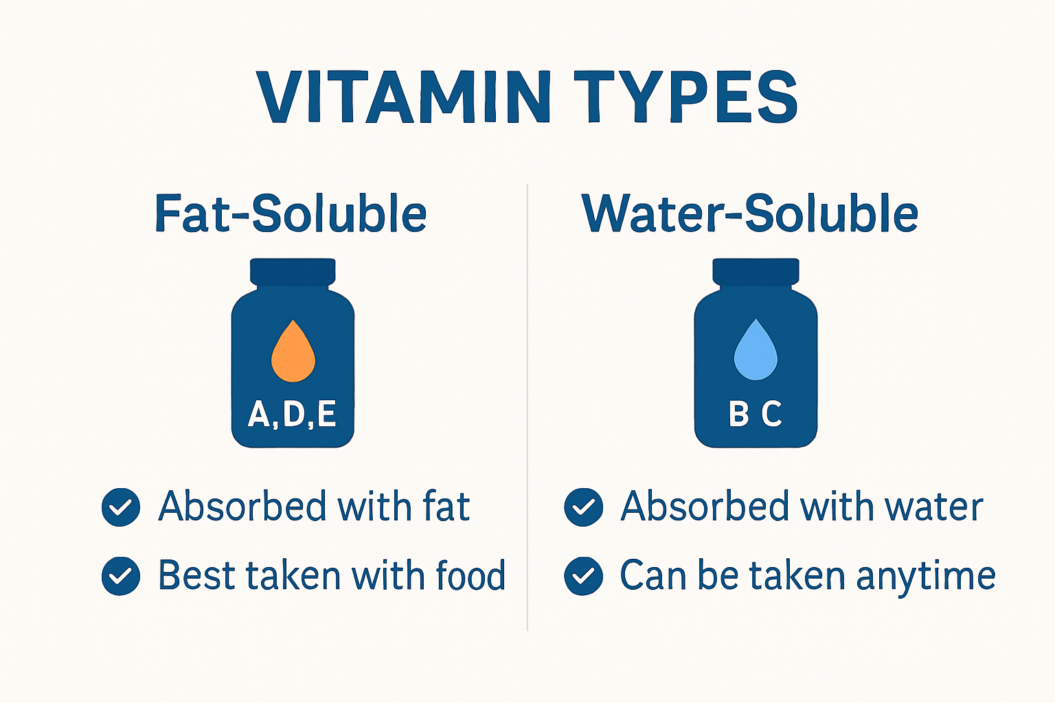 Visual guide to fat-soluble versus water-soluble vitamins and food.