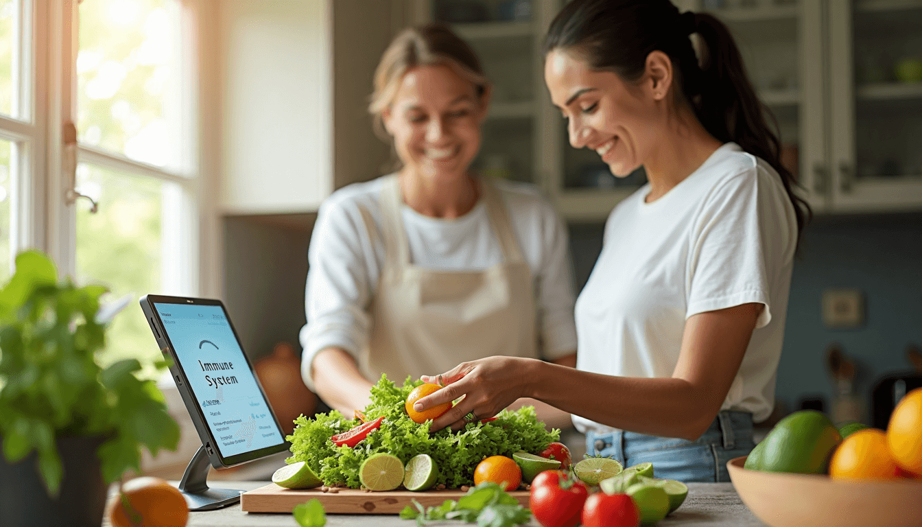 Two adults making a salad with nutrition app on tablet