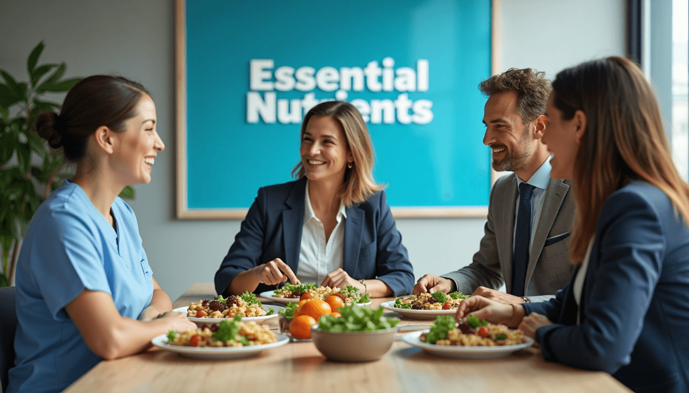 Coworkers eating healthy nutrient-rich lunch together