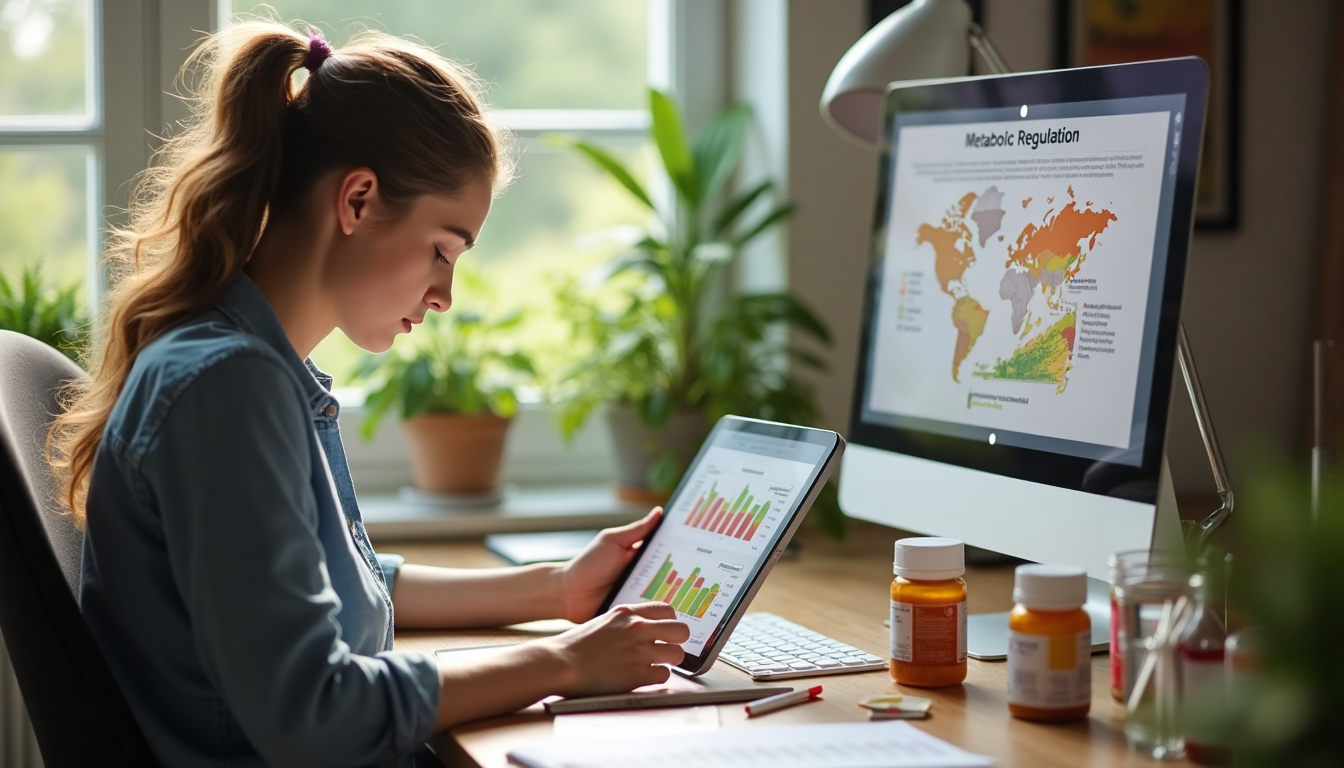 Young professional studying vitamin data with 'Metabolic Regulation' poster