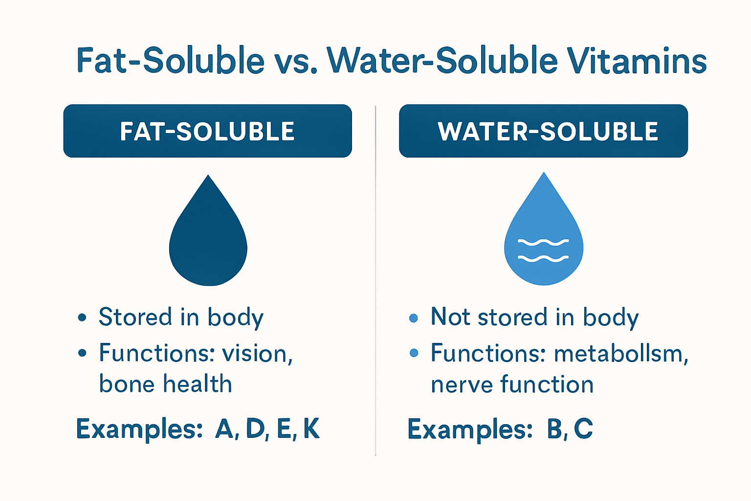 Comparison of fat-soluble and water-soluble vitamins functions and examples