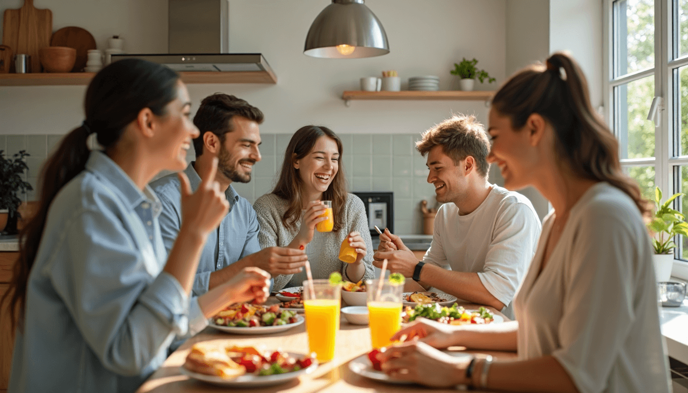 Group enjoying healthy breakfast in sunny kitchen with nutrition poster